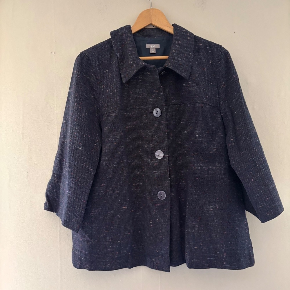 J Jill Womens Dark Academia Tweed Jacket Size M 3/4 Sleeves Black Purple Office